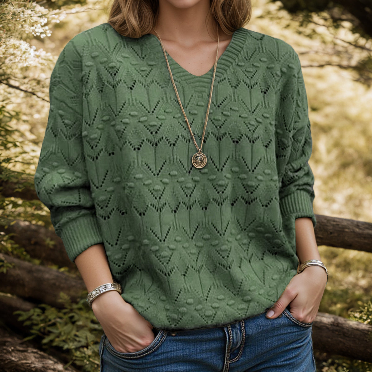Signe | V-Neck Chevron Bobble Scandinavian Knit Jumper