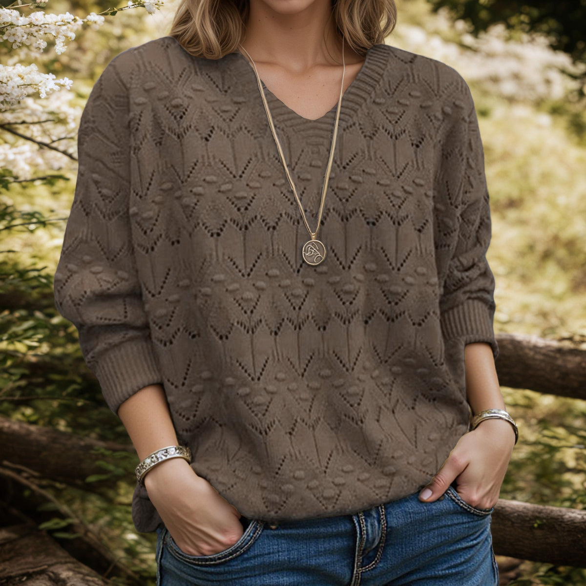 Signe | V-Neck Chevron Bobble Scandinavian Knit Jumper