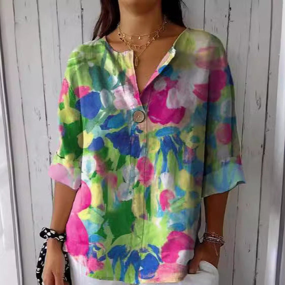 Luna | Vibrant Floral V-Neck Blouse
