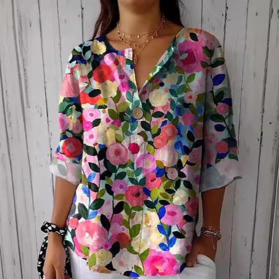 Luna | Vibrant Floral V-Neck Blouse